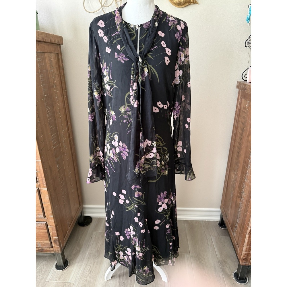 ASTR The Label Floral Tie Neck Maxi Dress L Black Pink Long Sleeve Ruffle